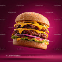 Stacked Cheeseburger with Multiple Beef Patties and Fresh Toppings