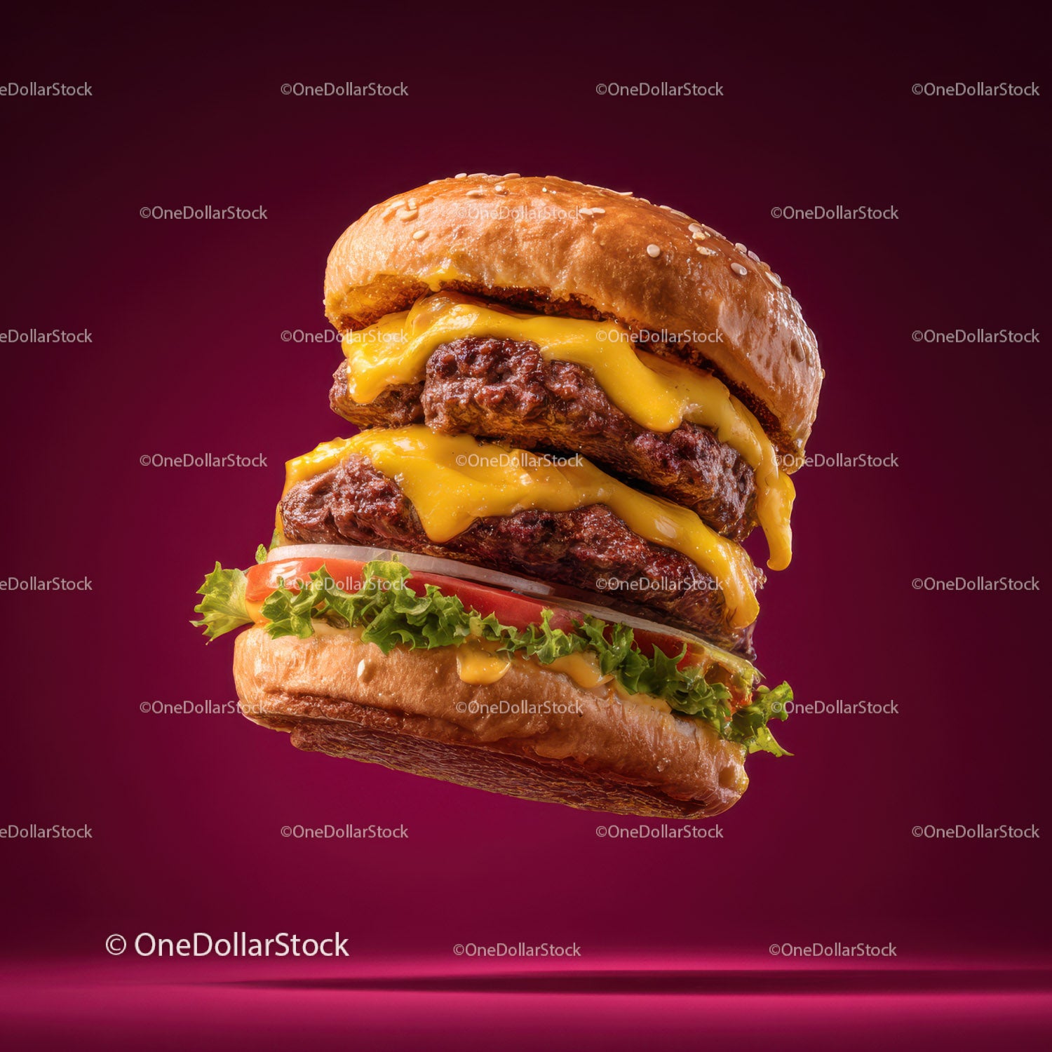 Podwójny cheeseburger wołowy z sałatą i pomidorem na różowym tle