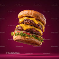 Double Beef Cheeseburger with Lettuce and Tomato on Pink Background