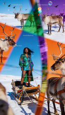 Confident woman standing on reindeer sled in snowy landscape