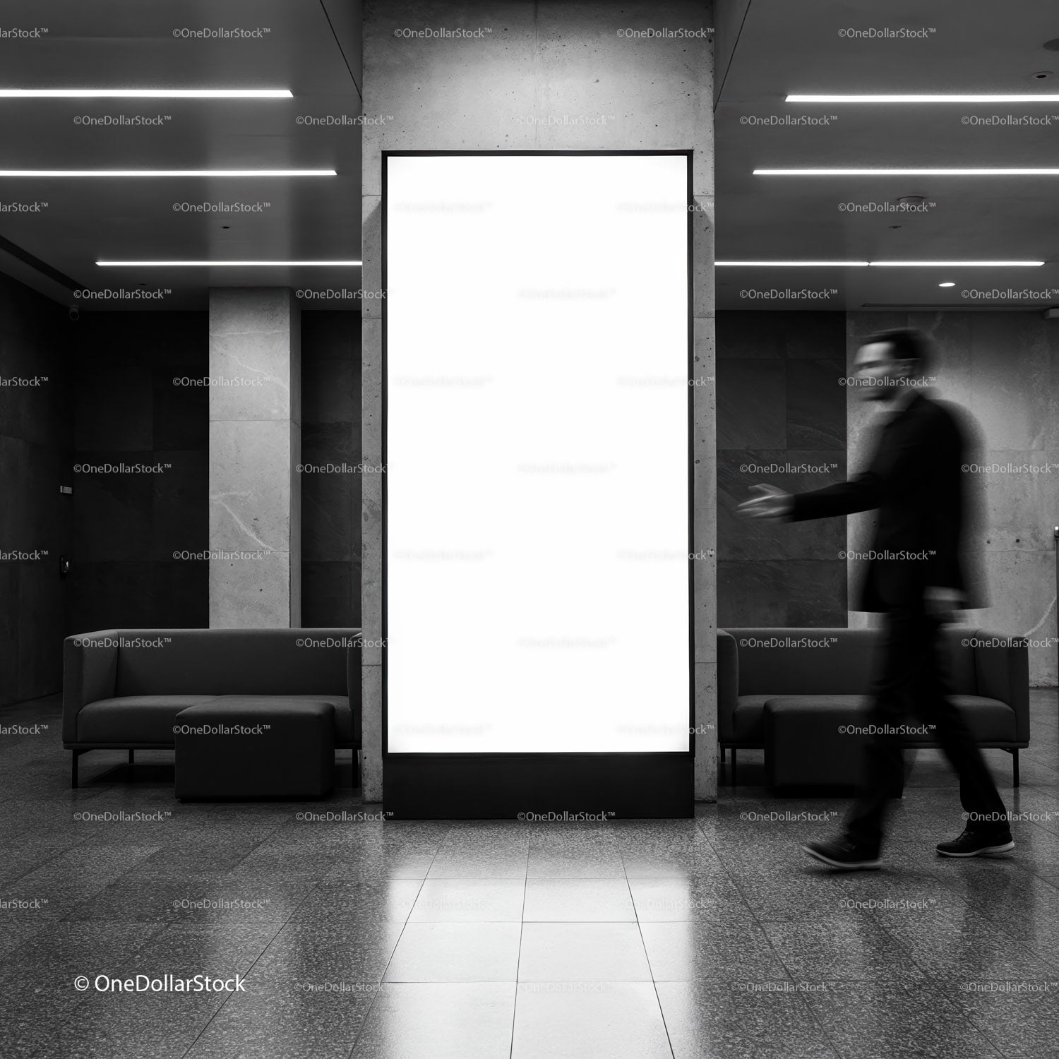 Modern office lobby with empty digital billboard display