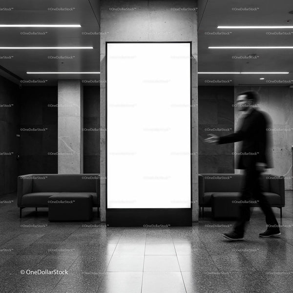 Modern office lobby with empty digital billboard display JPG Mockup Image