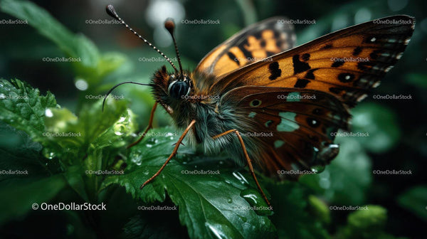 Close-up of Orange and Black Butterfly Resting on Green Foliage