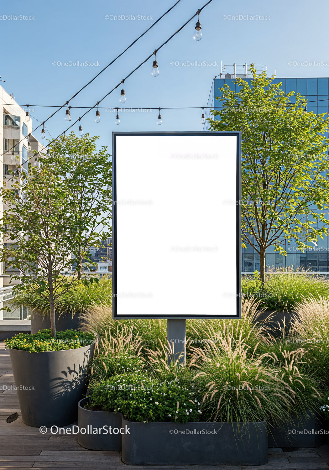 Blank Urban Billboard Surrounded by Greenery on Rooftop