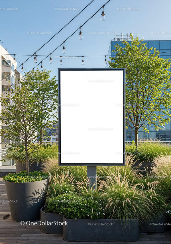 Blank Urban Billboard Surrounded by Greenery on Rooftop JPG Mockup Image