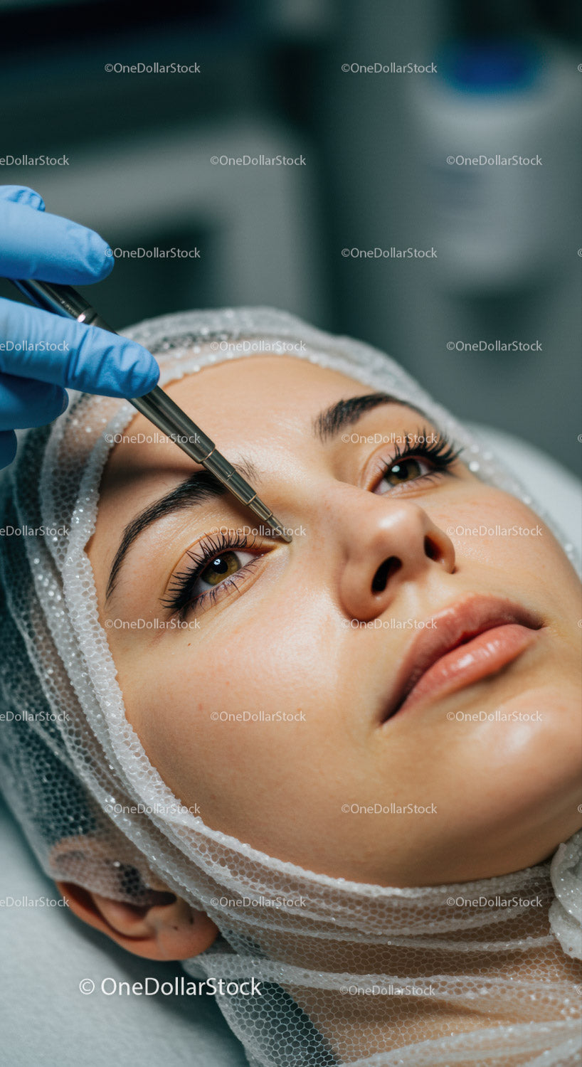 Close-Up of Microblading Eyelid Procedure on Young Woman in Clinic