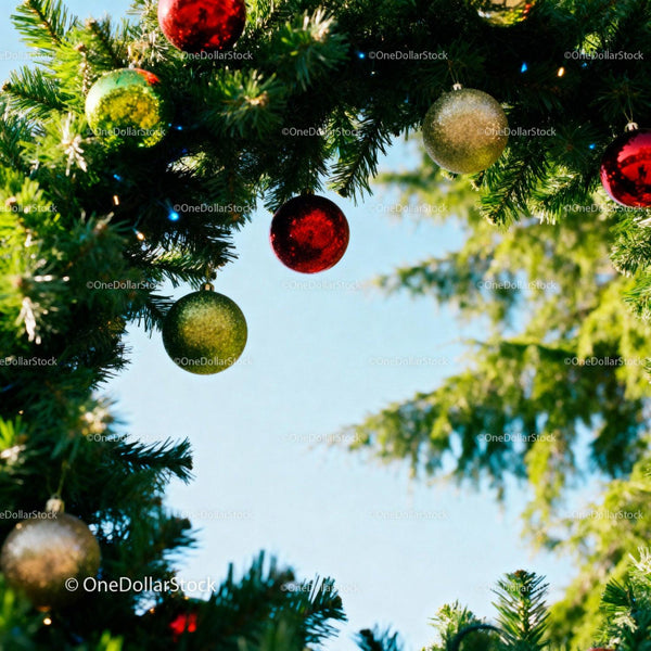 Outdoor Christmas tree decorated with colorful baubles