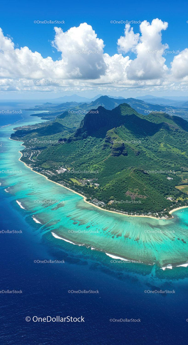 Spectacular Green Mountain Range Over Crystal Clear Turquoise Sea