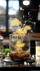Ice Cubes Splash into Glass of Cola Creating Refreshing Splash