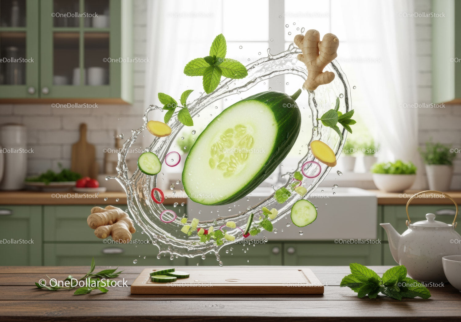 Fresh cucumber and ginger splash in bright kitchen