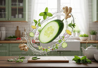 Fresh cucumber and ginger splash in bright kitchen