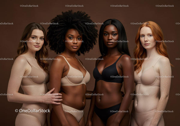 Diverse women in natural tones underwear embracing beauty