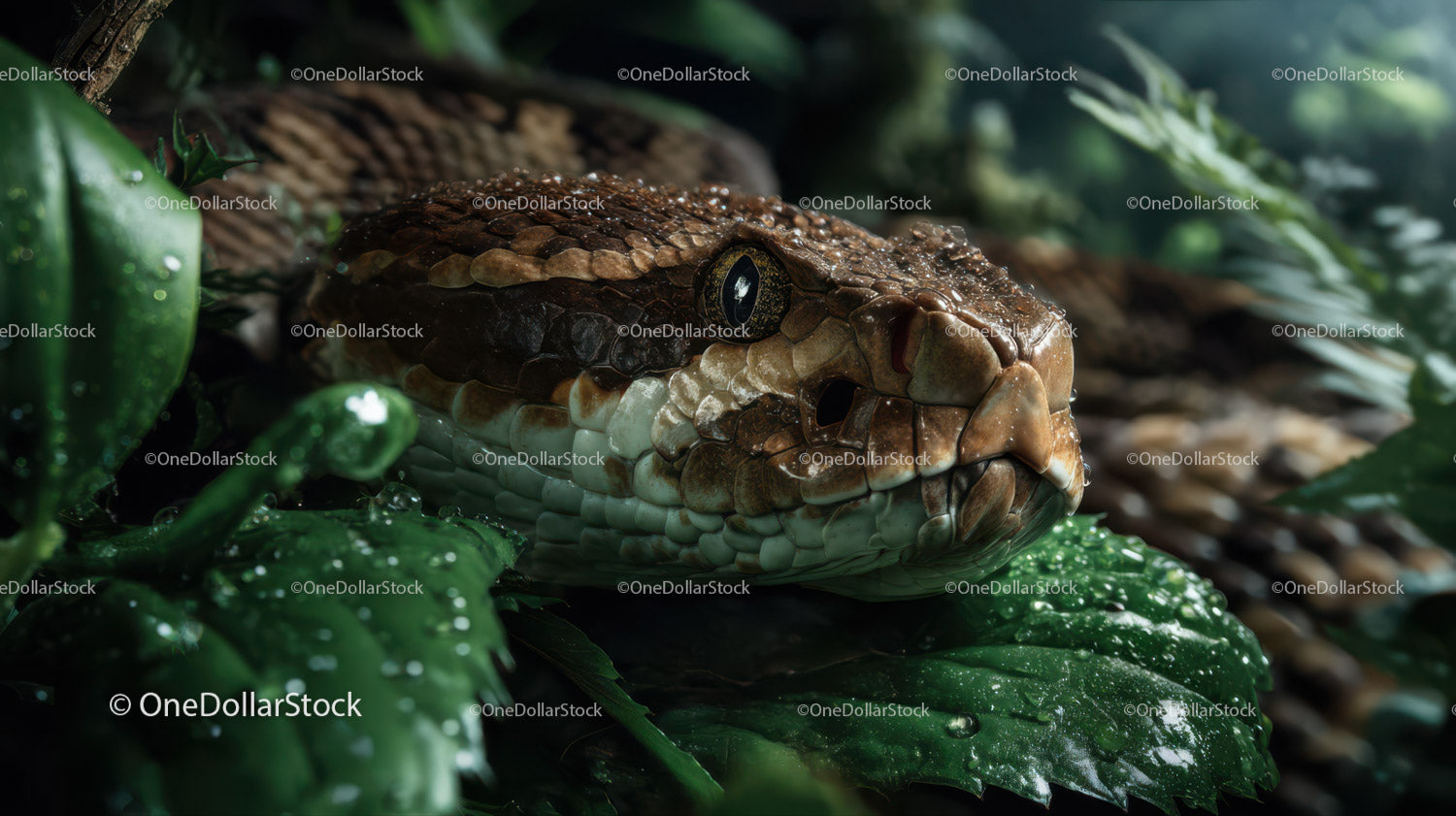 Close-up of Brown Venomous Snake in Lush Green Environment