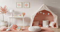 Stylish Kids Playroom with Coral Tent and Modern Nursery Decor
