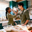 Couple Having Fun Baking Heart Cookies in Cozy Kitchen