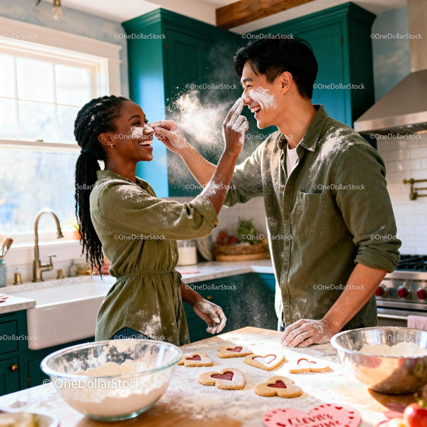 Couple Having Fun Baking Heart Cookies in Cozy Kitchen