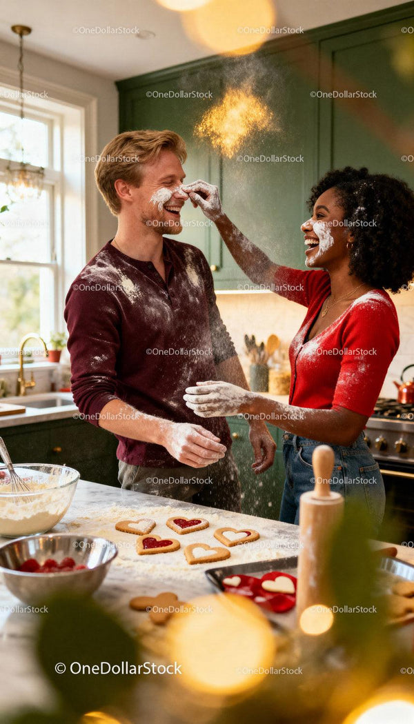 Couple Having Fun Baking Heart Cookies Together