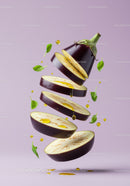 Sliced eggplant with basil and olive oil drops floating
