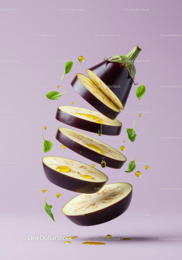 Sliced eggplant with basil and olive oil drops floating