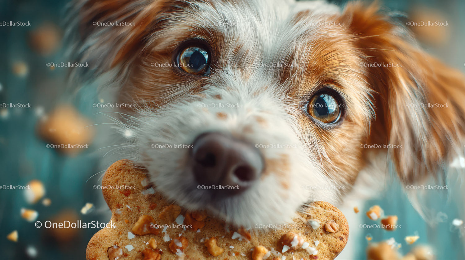 Adorable Puppy with Bright Eyes and Biscuit on Blue Surface
