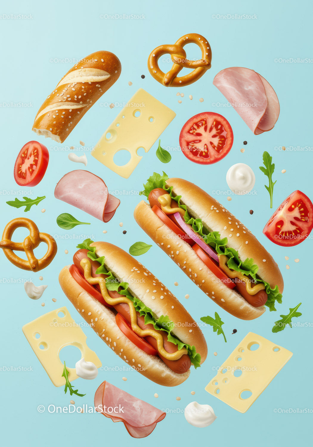 Fresh hot dogs with mustard and garden vegetables