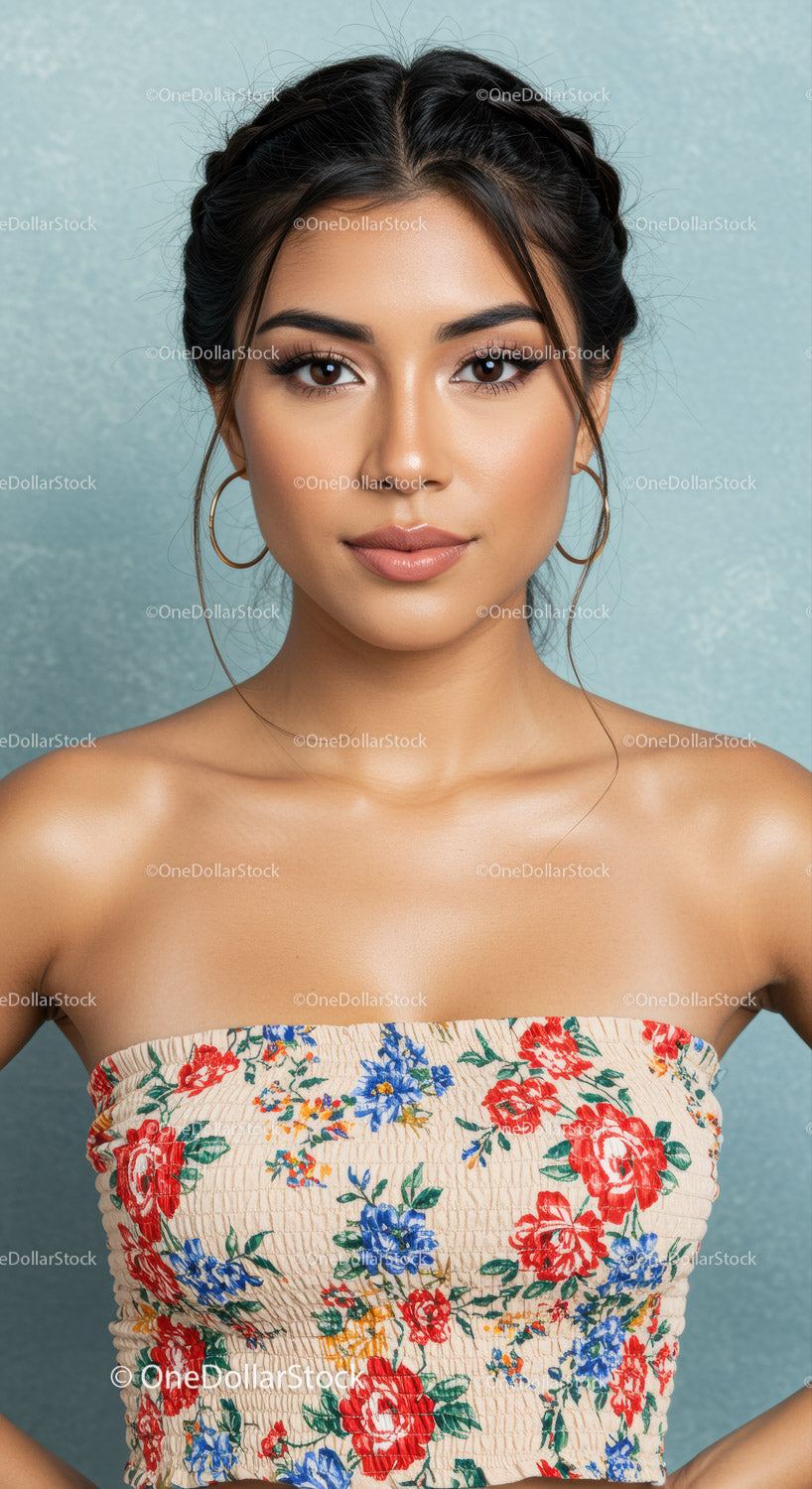 Beautiful Young Woman with Floral Top and Braided Hairstyle
