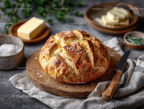 Freshly Baked Rustic Bread in a Bread Bowl on Wooden Board