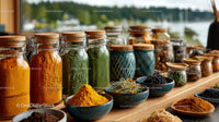 Colorful Spice Jars and Fresh Herbs Display on Rustic Wooden Table
