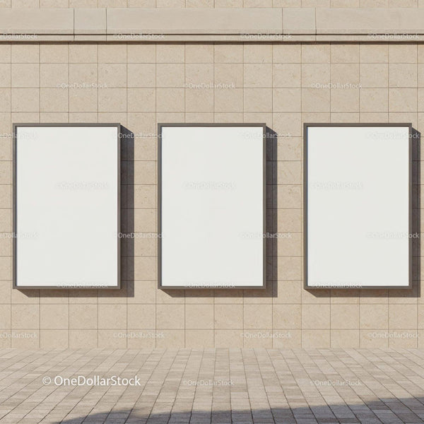 Three Blank Vertical Billboards on Stone Wall JPG Mockup Image