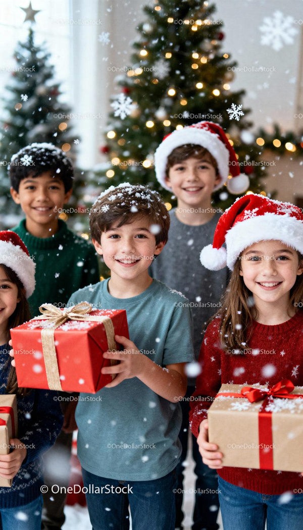 Smiling Kids Holding Christmas Gifts by Decorated Tree