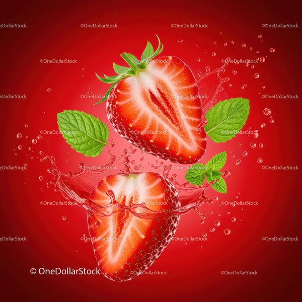 Fresh halved strawberries with mint leaves and splash