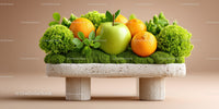 Vibrant Green Apple and Oranges on Rustic Decorative Stand