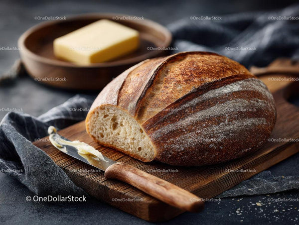Crusty Artisan Bread Loaf on Wooden Cutting Board with Butter