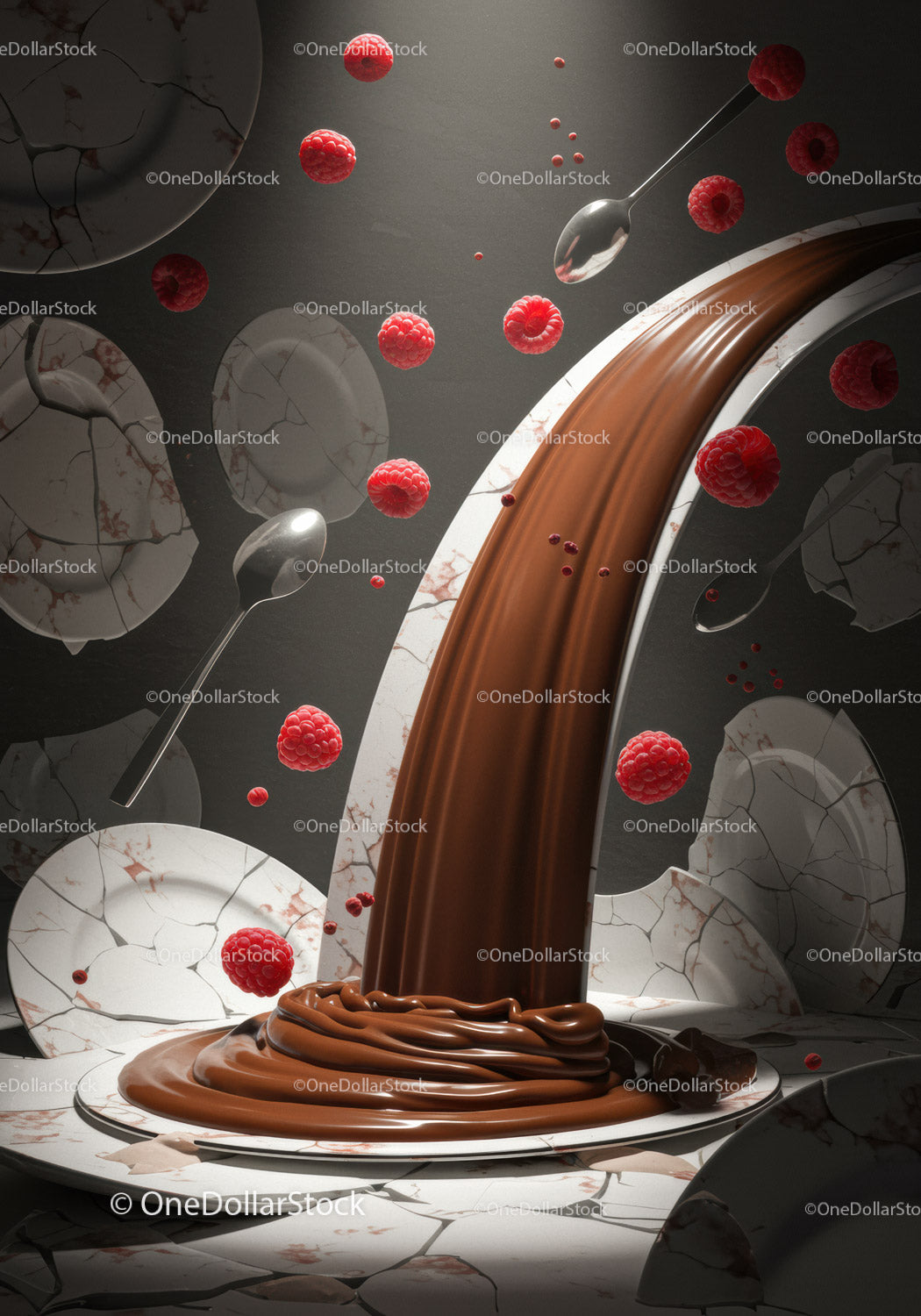Flowing chocolate and fresh raspberries with plates and spoons