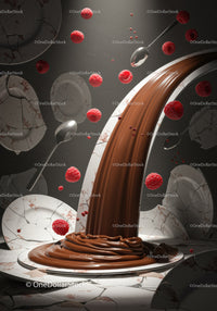 Flowing chocolate and fresh raspberries with plates and spoons