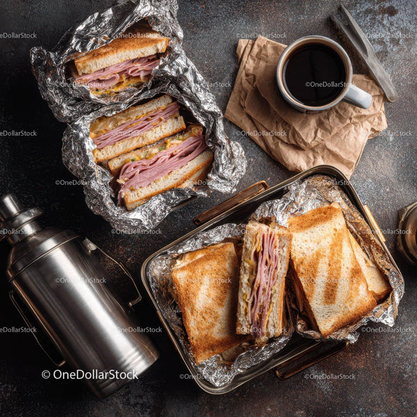 Sandwiches with Ham and Cheese and Coffee on Rustic Table