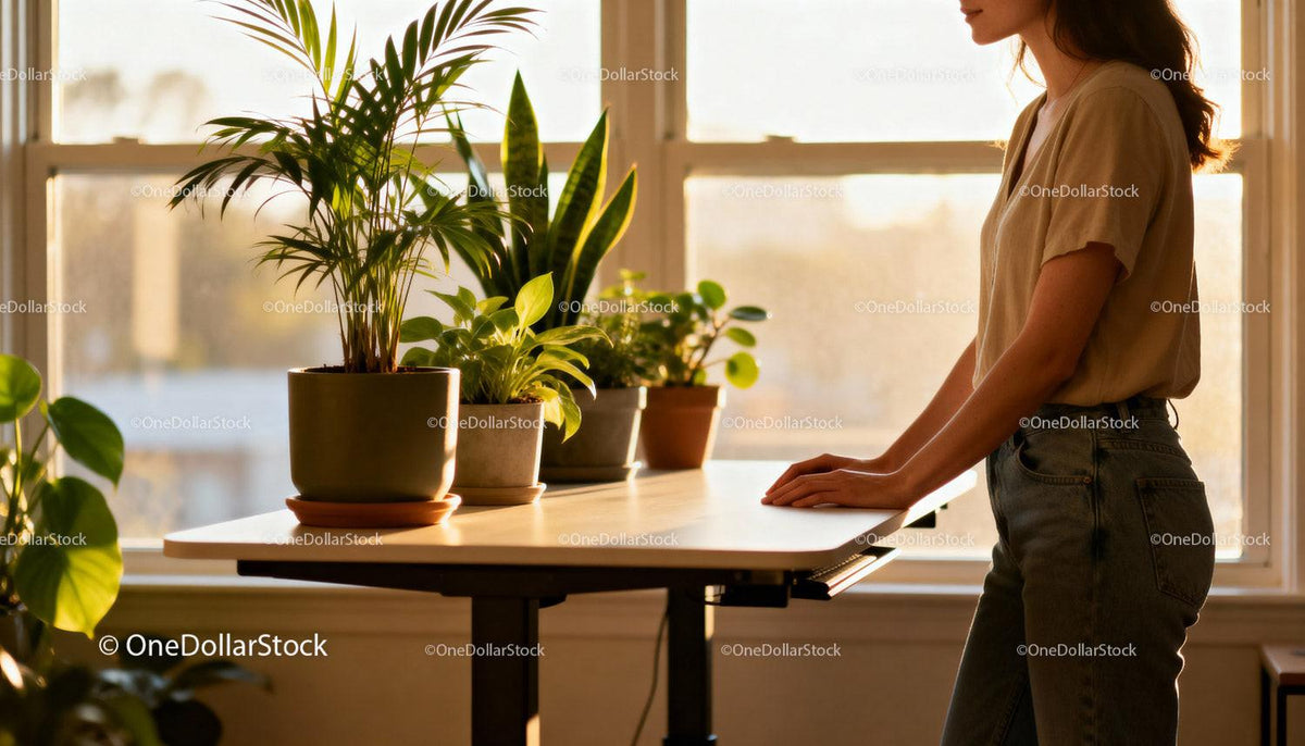 Young woman standing by plants on a sunlit table