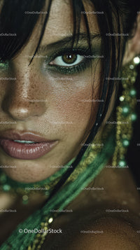 Close-up of a Woman with Glitter Makeup and Intense Eyes