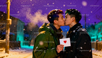 Couple sharing winter kiss with valentines card outdoors