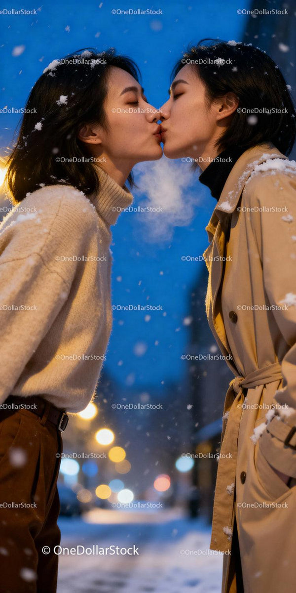 Two women sharing a tender kiss in snowy evening