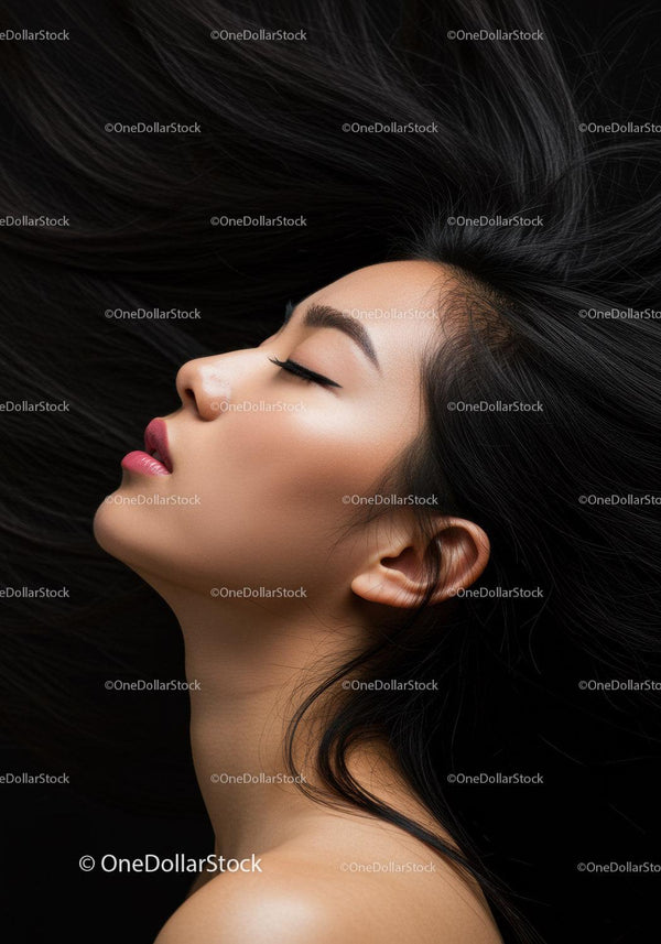 Profile of serene woman with flowing black hair