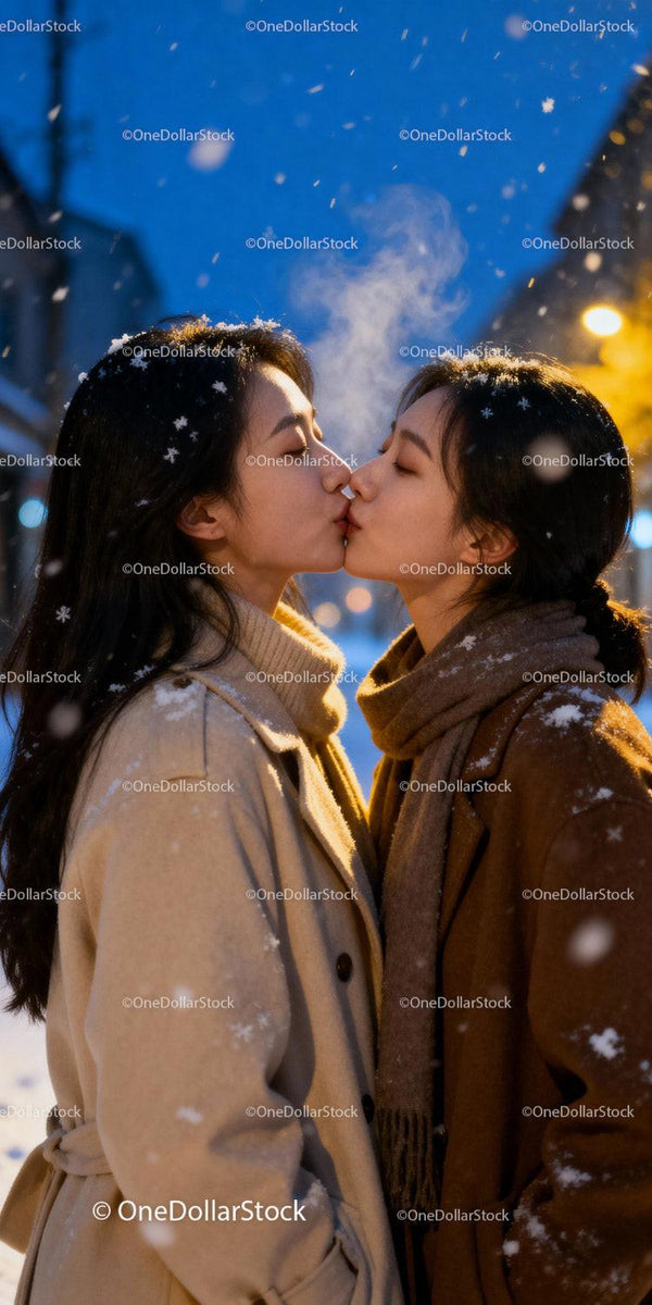 Couple Sharing a Loving Kiss on Snowy Winter Evening