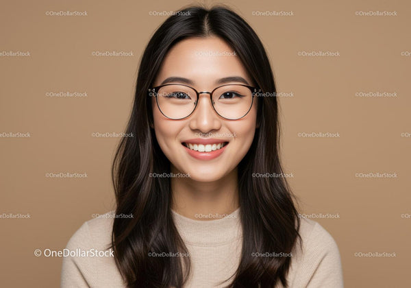 Confident Young Woman with Glasses Smiling in Studio Portrait