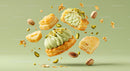 Floating pistachio cream pastries with crunchy toppings