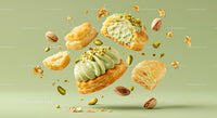 Floating pistachio cream pastries with crunchy toppings