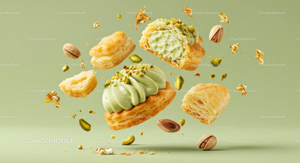 Floating pistachio cream pastries with crunchy toppings