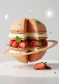 Floating Macaron Dessert with Strawberries and Cream