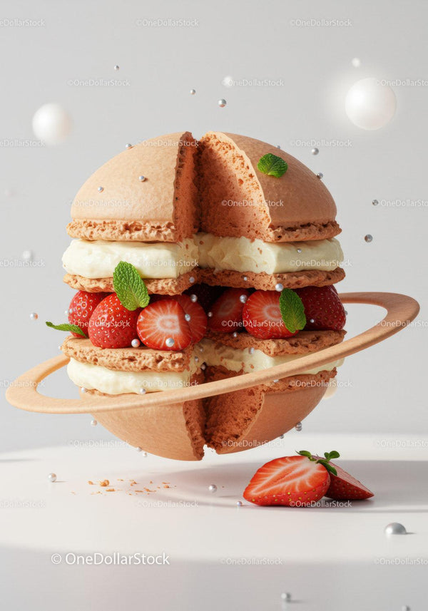 Floating Macaron Dessert with Strawberries and Cream