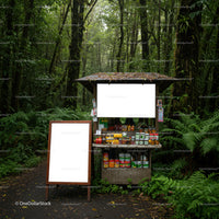 Small roadside market stall with variety of canned goods