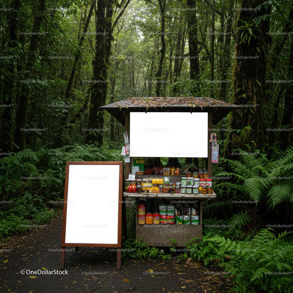 Small roadside market stall with variety of canned goods JPG Mockup Image